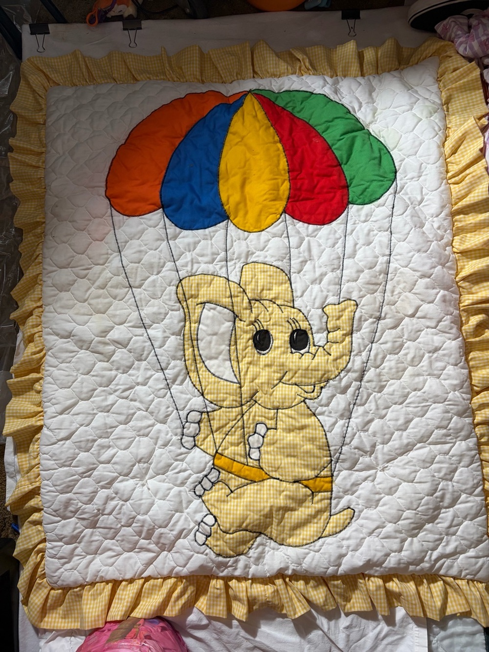 Yellow Elephant Baby Quilt with Colorful Parachute